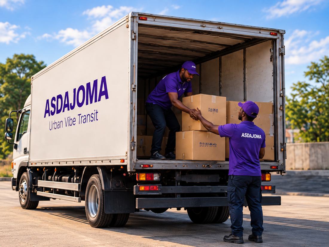 ASDAJOMA team in purple uniforms loading boxes into a branded truck