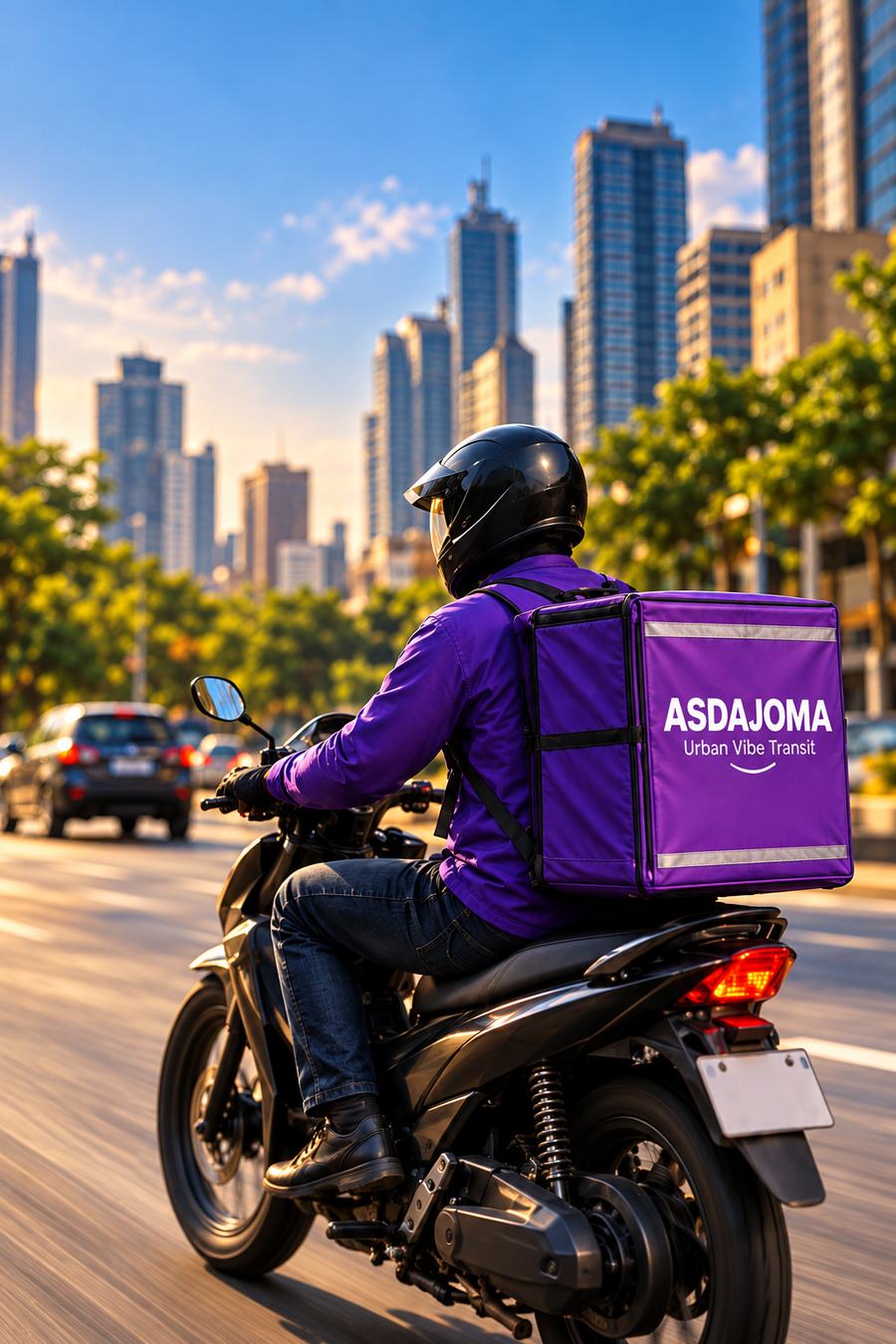 ASDAJOMA courier riding through Nairobi with a branded delivery box