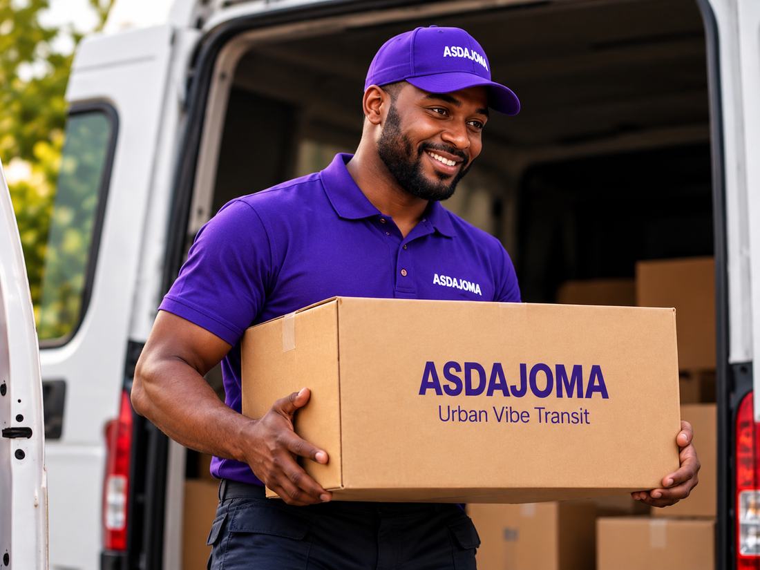 ASDAJOMA courier in a purple uniform holding a branded box